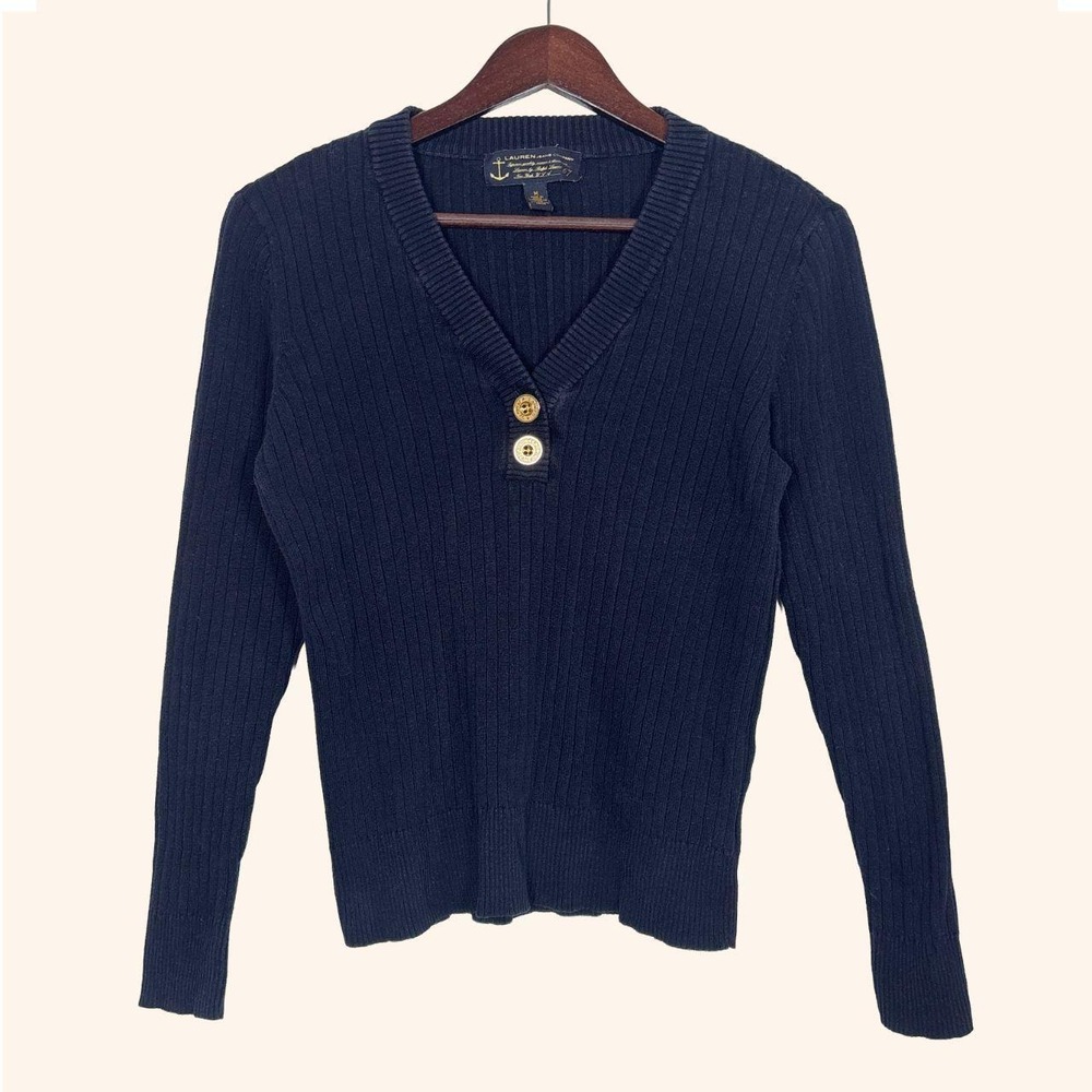 Lauren Ralph Lauren Navy Ribbed Cotton V-Neck Sweater Size M